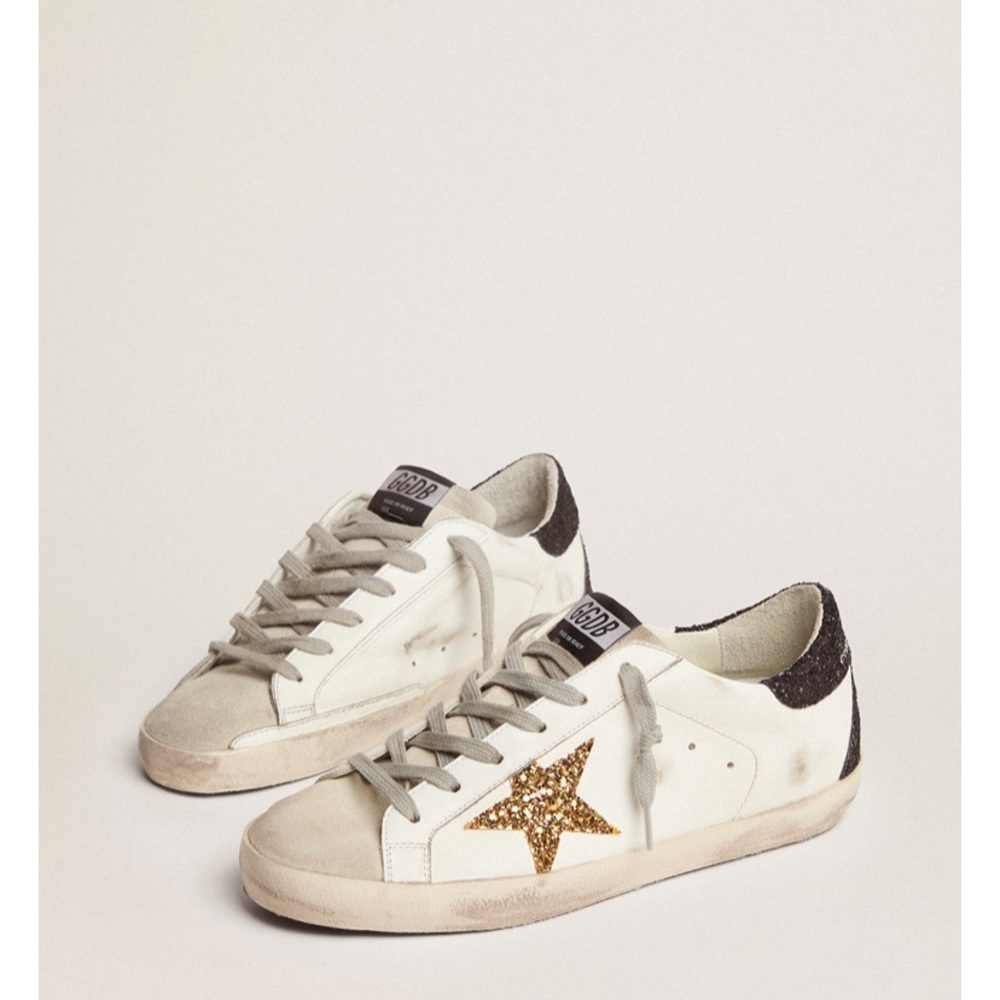 Golden Goose Super Star Black and Gold Glitter Lace Up Sneakers Size 38 - Picture 3 of 12